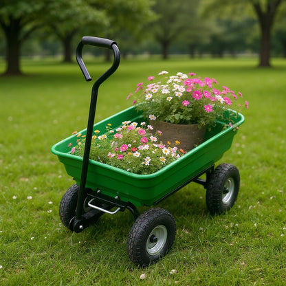 GarveeTech Heavy Duty Utility Wheelbarrow Cart 4 Wheel Garden Wagon with Dump Feature, Foldable D-Handle Steering, Built-in Stand, All-Terrain Rolling Yard Cart for Gardening, Lawn, Landscaping