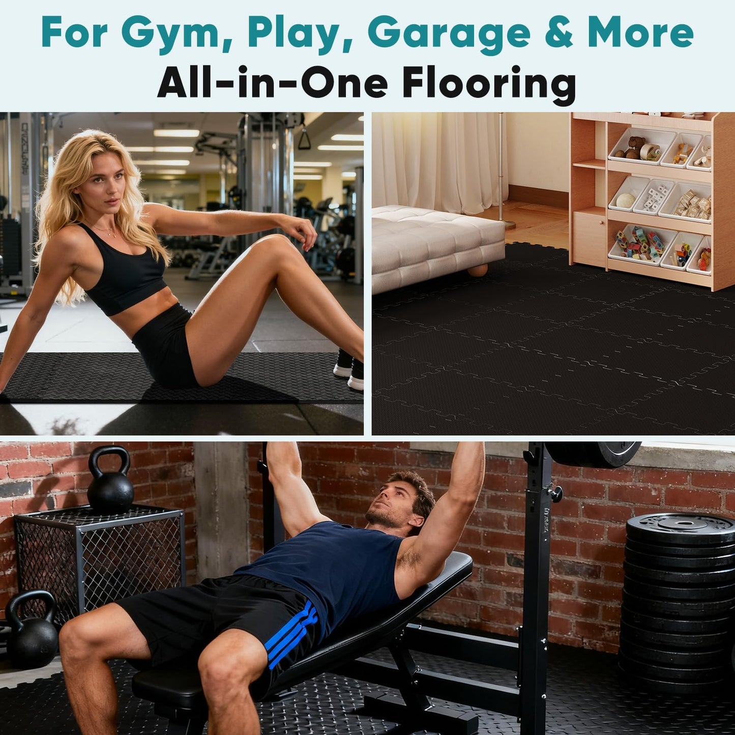 OLIXIS Interlocking Foam/Rubber Floor Tiles, 1/2 Inch Thick Non-Slip Gym Flooring Mats for Home Gym, Garage & Workout Space, 6/12/36 Pcs
