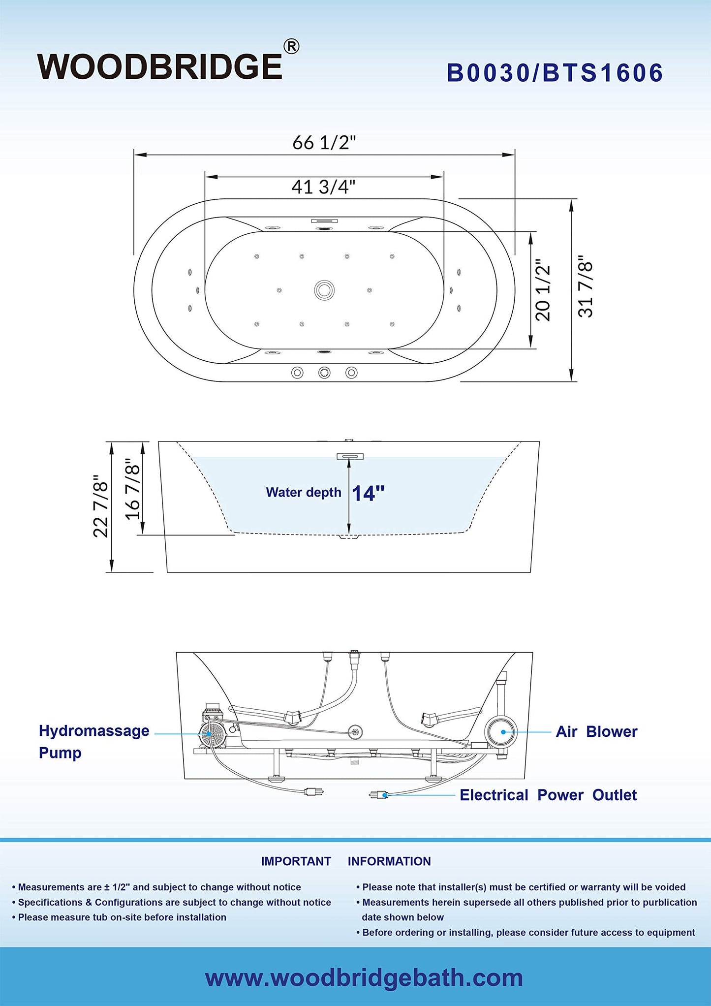 WOODBRIDGE 67" Air Bubble and Whirlpool Jetted Freestanding Bathtub B0030 / BTS1606