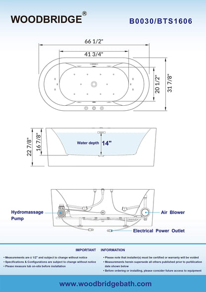 WOODBRIDGE 67" Air Bubble and Whirlpool Jetted Freestanding Bathtub B0030 / BTS1606