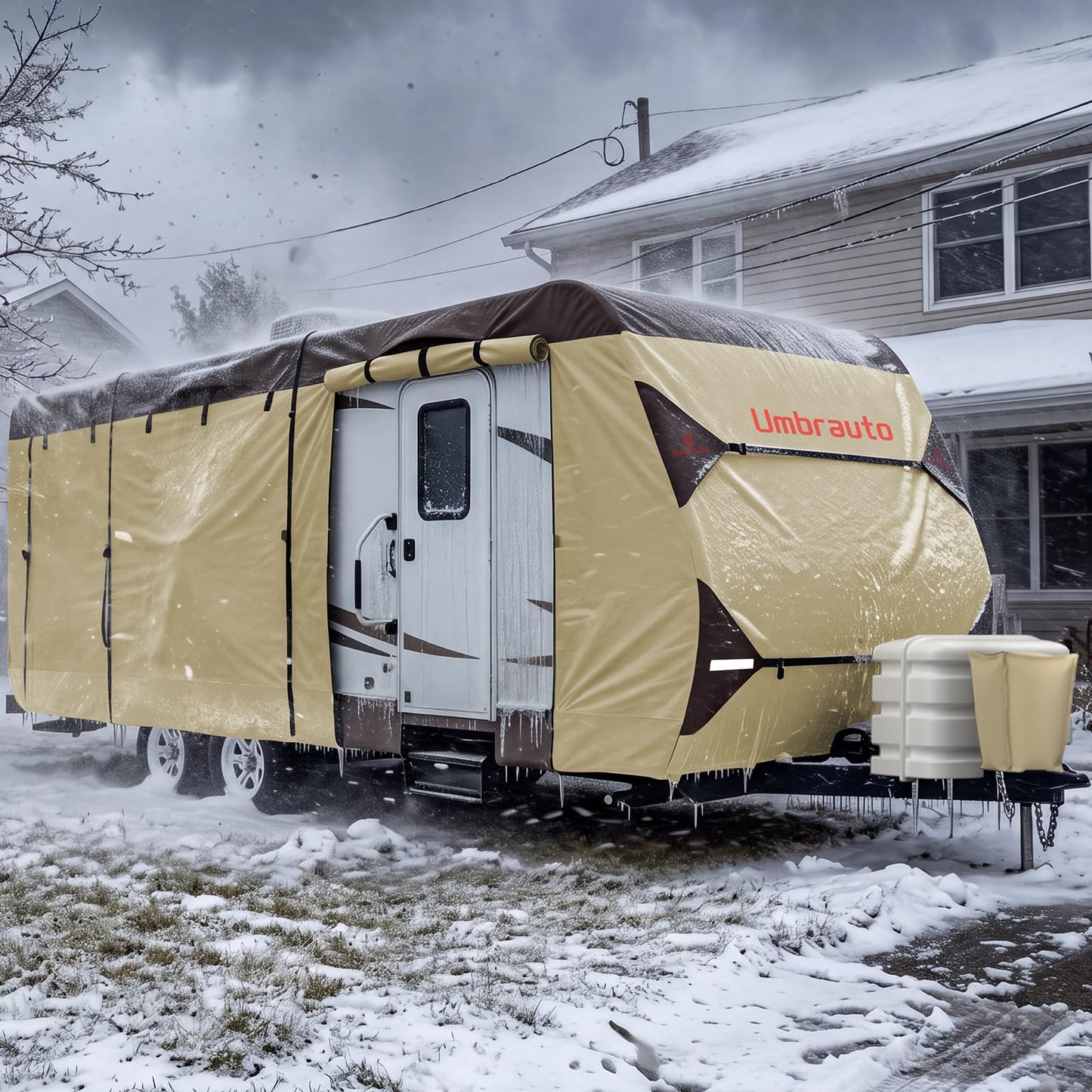 Umbrauto Travel Trailer RV Cover 33' ~ 35' – Upgraded 9-Layers Top Camper Cover, Waterproof & Windproof Heavy Duty Toy Hauler RV Cover for Winter Snow with Tongue Jack Cover, Gutter Covers