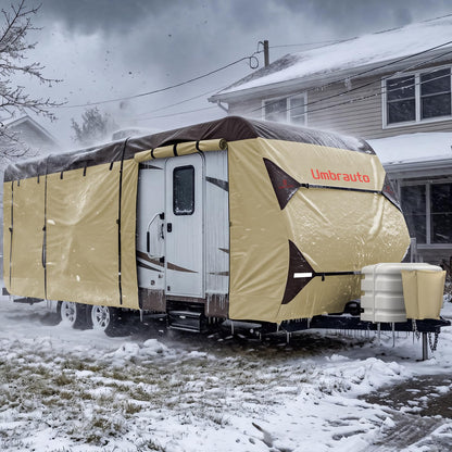 Umbrauto Travel Trailer RV Cover 33' ~ 35' – Upgraded 9-Layers Top Camper Cover, Waterproof & Windproof Heavy Duty Toy Hauler RV Cover for Winter Snow with Tongue Jack Cover, Gutter Covers