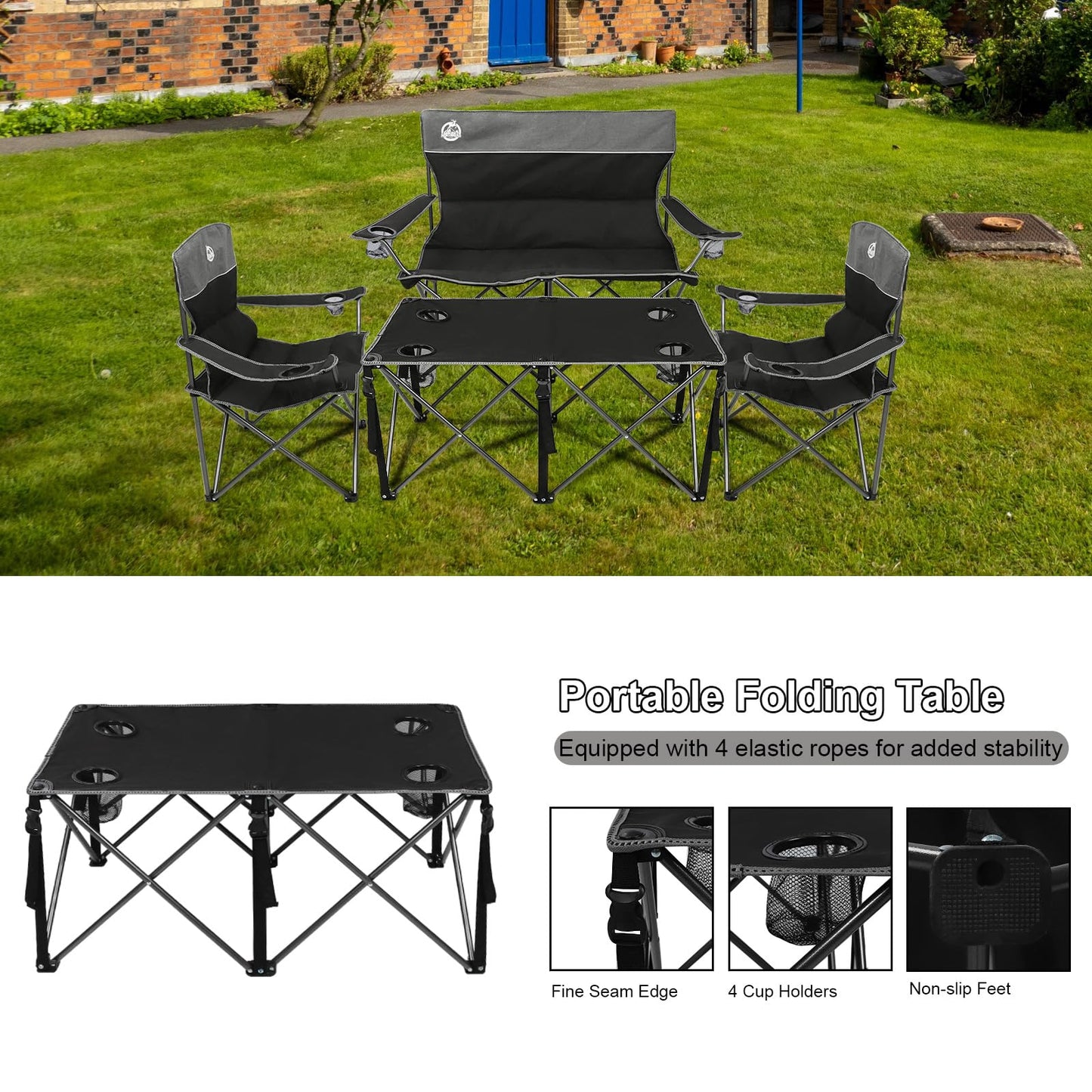 Northroad Folding Camping Chair Set of 4, Portable Collapsible Conversation Set w/1 Sofa, 2 Single Chairs, 1 Table for Family Patio, Outdoor Travel,Beach(Black)