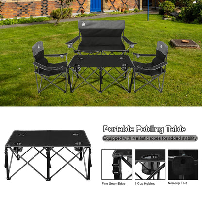 Northroad Folding Camping Chair Set of 4, Portable Collapsible Conversation Set w/1 Sofa, 2 Single Chairs, 1 Table for Family Patio, Outdoor Travel,Beach(Black)