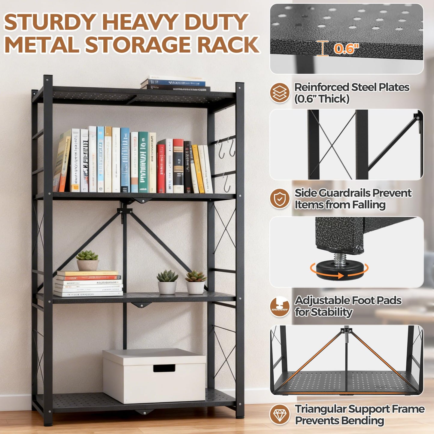 EAGLE PEAK 4-Tier Foldable Greenhouse Shelf, Heavy Duty Metal Storage Rack, No Assembly Steel Shelving Unit, Plant Stand for Greenhouse and Multi-Use Storage, 28”x14.6”x44.7”, 520 lbs, 2 Pack, Black