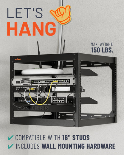 ECHOGEAR 10U Network Rack - Wall Mountable Heavy Duty 4 Post Design Holds All Your Networking & AV Gear - Open Frame Design Includes 2 1U Vented Shelves & Mounting Hardware