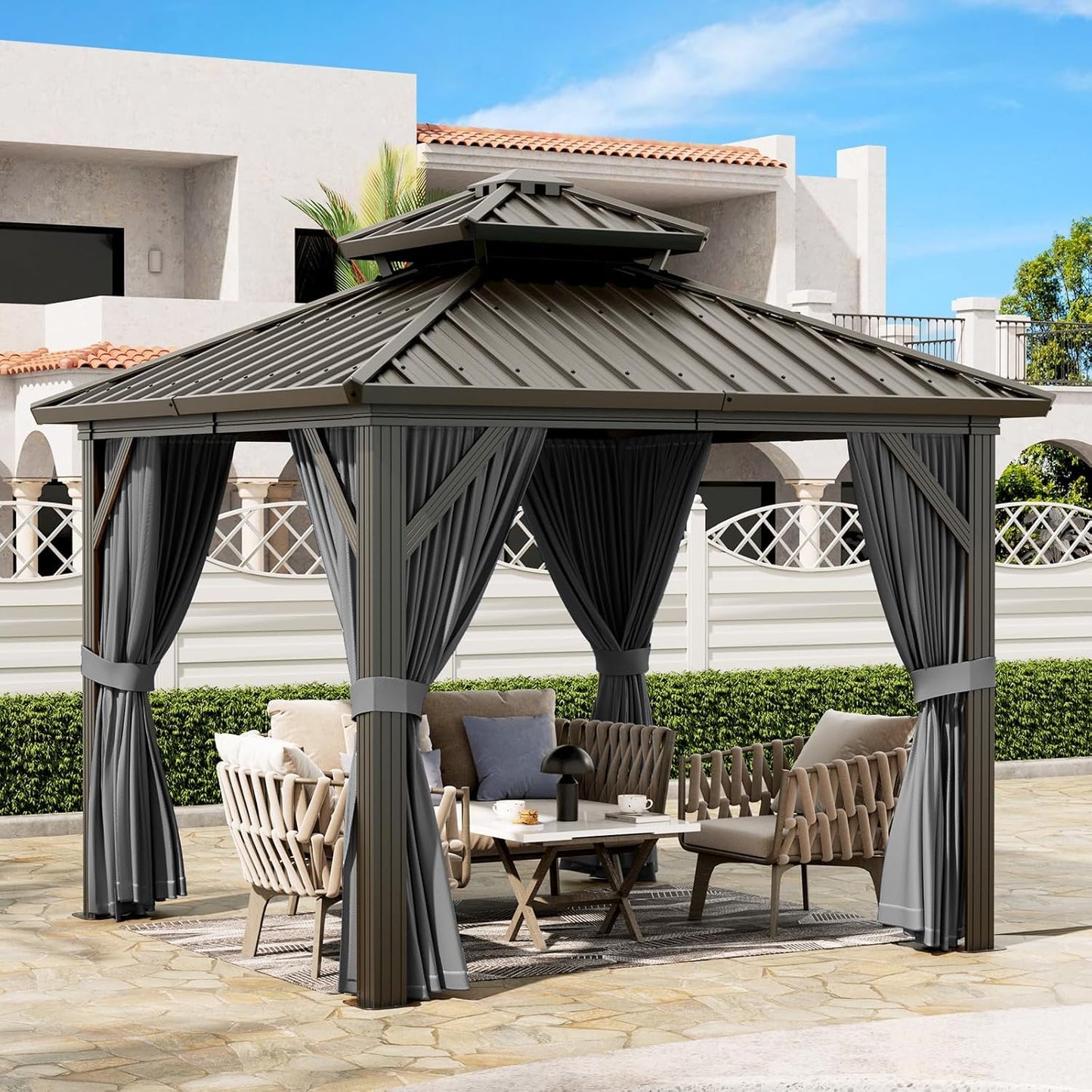 10'x10' Hardtop Gazebo, Heavy Duty Aluminum Permanent Outdoor Pavilion with Curtains and Netting for Garden, Patio, or Backyard (Grey, 10'x10')