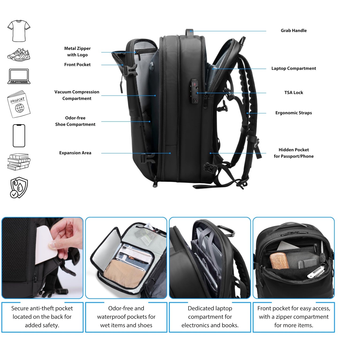MEGABACK Vacuum Backpack Travel with Pump, 60L Expandable Airbag Travel Backpack, Travel Backpack with Vacuum System, TSA Lock, USB Charging Port, Water Resistant