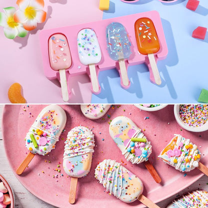 Ouddy Life Popsicle Molds Set of 2, Ice Pop Molds Silicone 4 Cavities Ice Cream Mold Oval Cake Pop Mold with 50 Wooden Sticks for DIY Popsicle, Pink