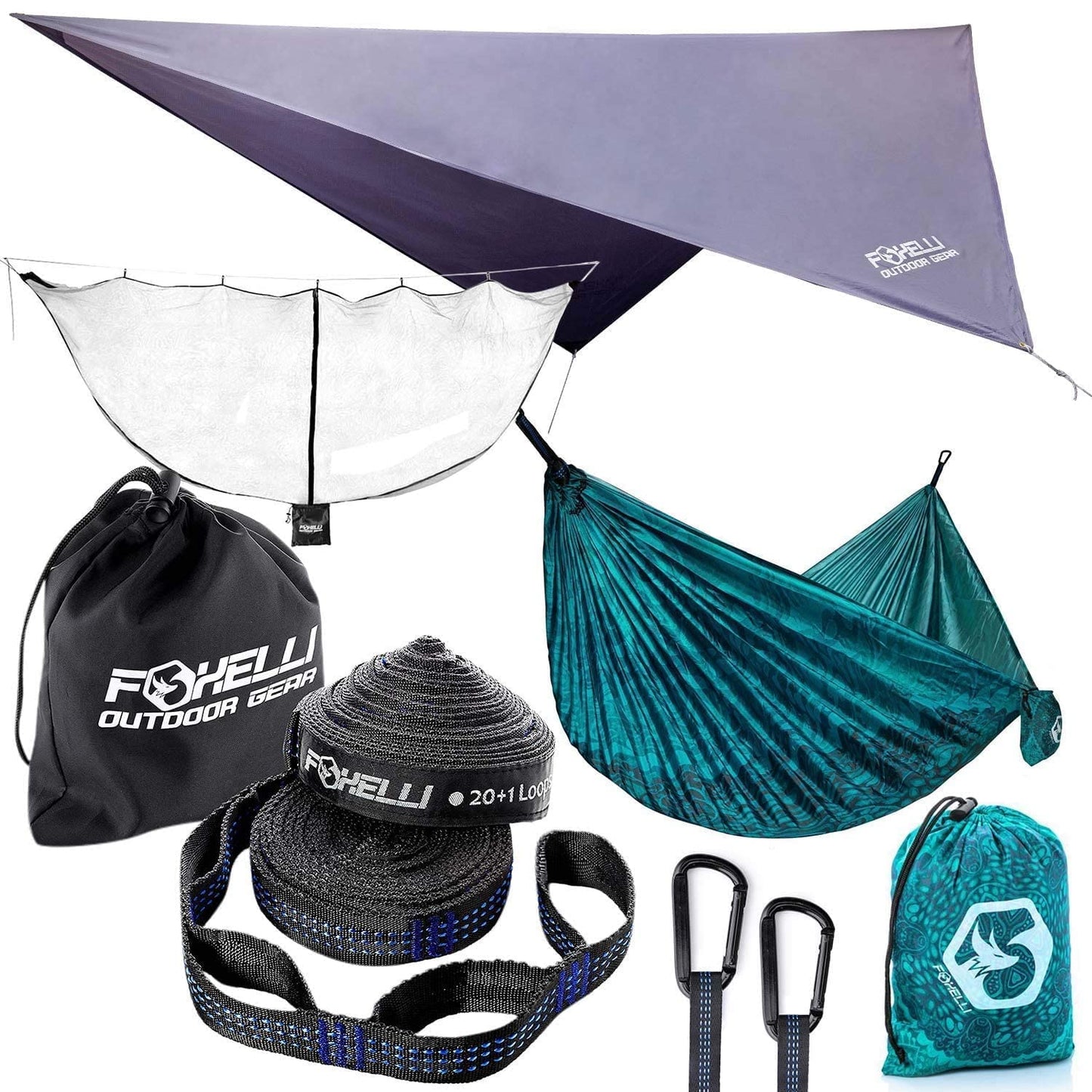 Foxelli Hammock Camping Set – Bundle Includes Camping Hammock, Rain Tarp, XL Tree Straps & Hammock Net