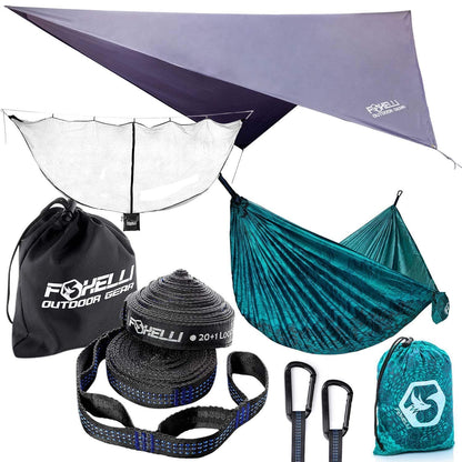 Foxelli Hammock Camping Set – Bundle Includes Camping Hammock, Rain Tarp, XL Tree Straps & Hammock Net