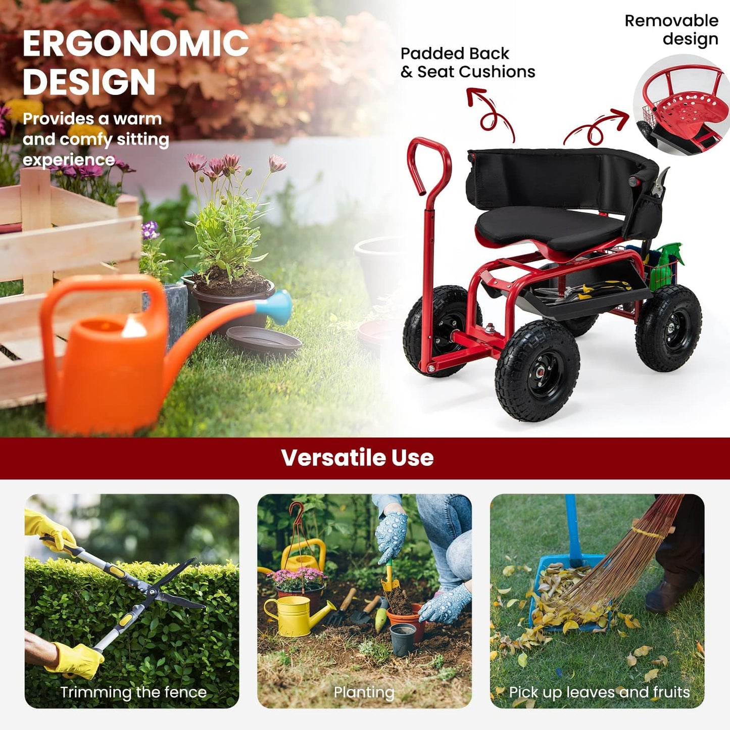 ERGOMASTER Rolling Garden Seat with Wheels, Adjustable 360° Swivel Workseat and Storage Basket, Extendable Handle, Outdoor Gardening Wagon Scooter, Red