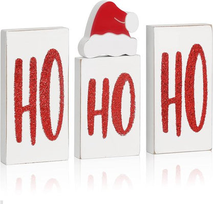 Ho Wood Christmas Blocks - Festive Wooden Tabletop Signs for Holiday Decor | Set of 4 (White)