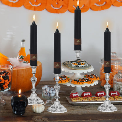 Black Halloween Taper Candles 4 Pack Hand-Poured 9 Inch Unscented Long Tapered Candles for Spooky Decor, Haunted Houses & Gothic Weddings - Clean Burning, Smokeless & Odorless