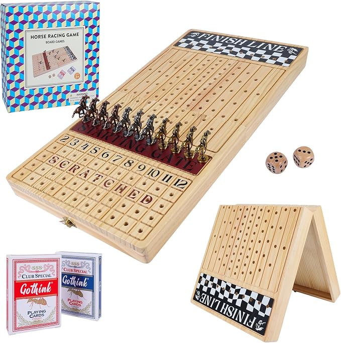 Large 23 inches Horse Race Board Game Premium Durable Foldable Wooden Box Horse Racing Game with 11 Retro Metal Horses 2 Dices and 2 Playing Cards Fun Family Night Games for Adults Kids