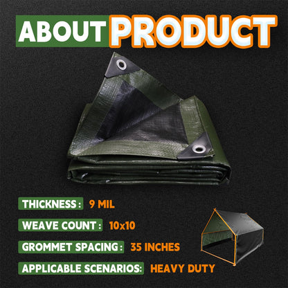 RAINDEWAY Tarps 30x40 Feet,Large Tarp Waterproof,9Mil Thick Finished Size, Multipurpose Poly Tarp Cover with Metal Grommets and Reinforced Edges,Green/Black Tarpaulin