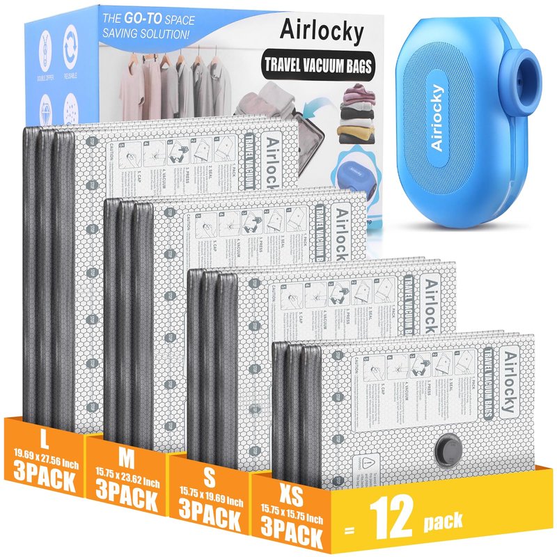 Airlocky Travel Vacuum Storage Bags with Pump, 12 Pack Carry-on Compression Packing Bags + Portable Electric Pump, 80% Space Saver of Clothes, Vacuum Seal Bags for Clothing Travel Luggage