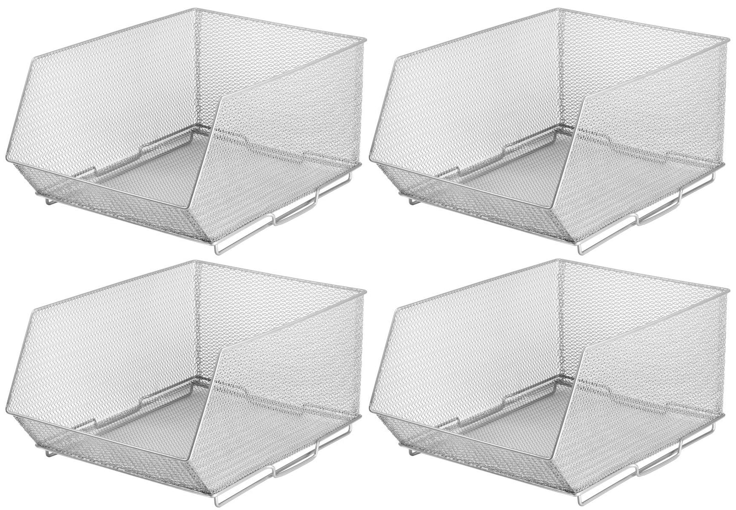 YBM HOME Mesh Stacking Bin Storage Containers for Kitchen Pantry, Cabinet and Shelves, Metal Wire Basket Rack for Fruits and Veggies, Crafts, Toys & Cleaning Items - 1 Unit, Large 15x11x8 Silver (4)