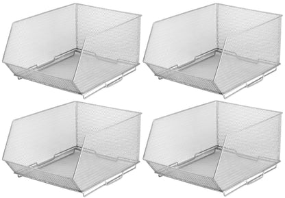 YBM HOME Mesh Stacking Bin Storage Containers for Kitchen Pantry, Cabinet and Shelves, Metal Wire Basket Rack for Fruits and Veggies, Crafts, Toys & Cleaning Items - 1 Unit, Large 15x11x8 Silver (4)