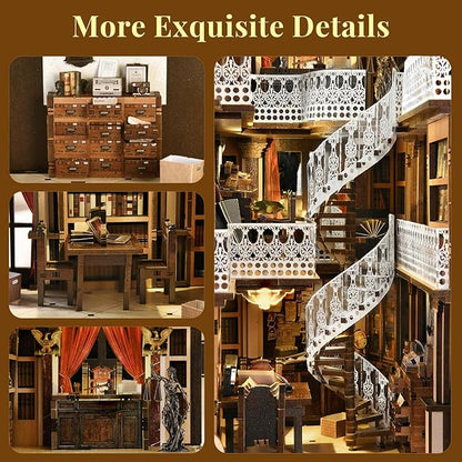 Book Nook Kit Library DIY Miniature House Kit 3D Wooden Puzzle Dollhouse Kit for Adults and Teens Bookshelf Booknook with LED Light (Law Library)