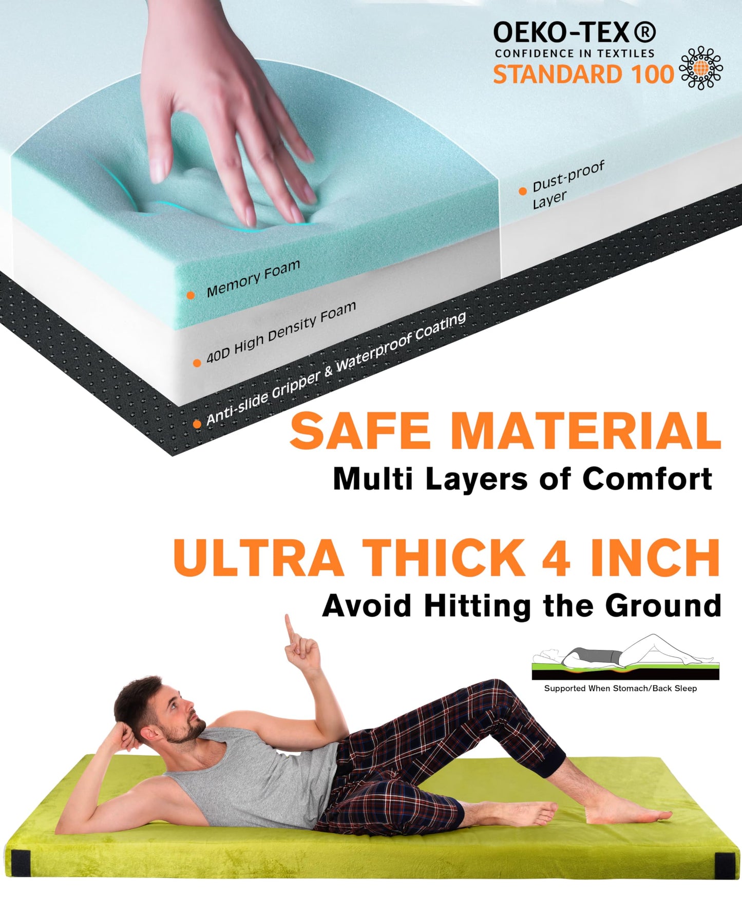 GAIALOOP 4 INCH Thick Memory Foam Camping Mattress, Roll Up Floor Sleeping Mat Camp Cot Mattress Pad Travel Camping Couch Bed for Guest Adults Side Sleepers [Full:75 * 54 * 4"]