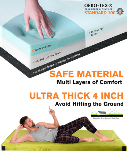 GAIALOOP 4 INCH Thick Memory Foam Camping Mattress, Roll Up Floor Sleeping Mat Camp Cot Mattress Pad Travel Camping Couch Bed for Guest Adults Side Sleepers [Full:75 * 54 * 4"]