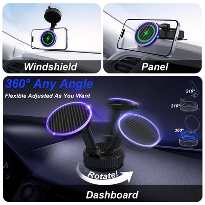 Magnetic Phone Charging Holder for Car - Upgraded 360° Vacuum Magnetic Phone Holder, Foldable Retractable Suction Cup Car Phone Mount for Magsafe for Your Car/Gym/Mirror Mount for iPhone & Android