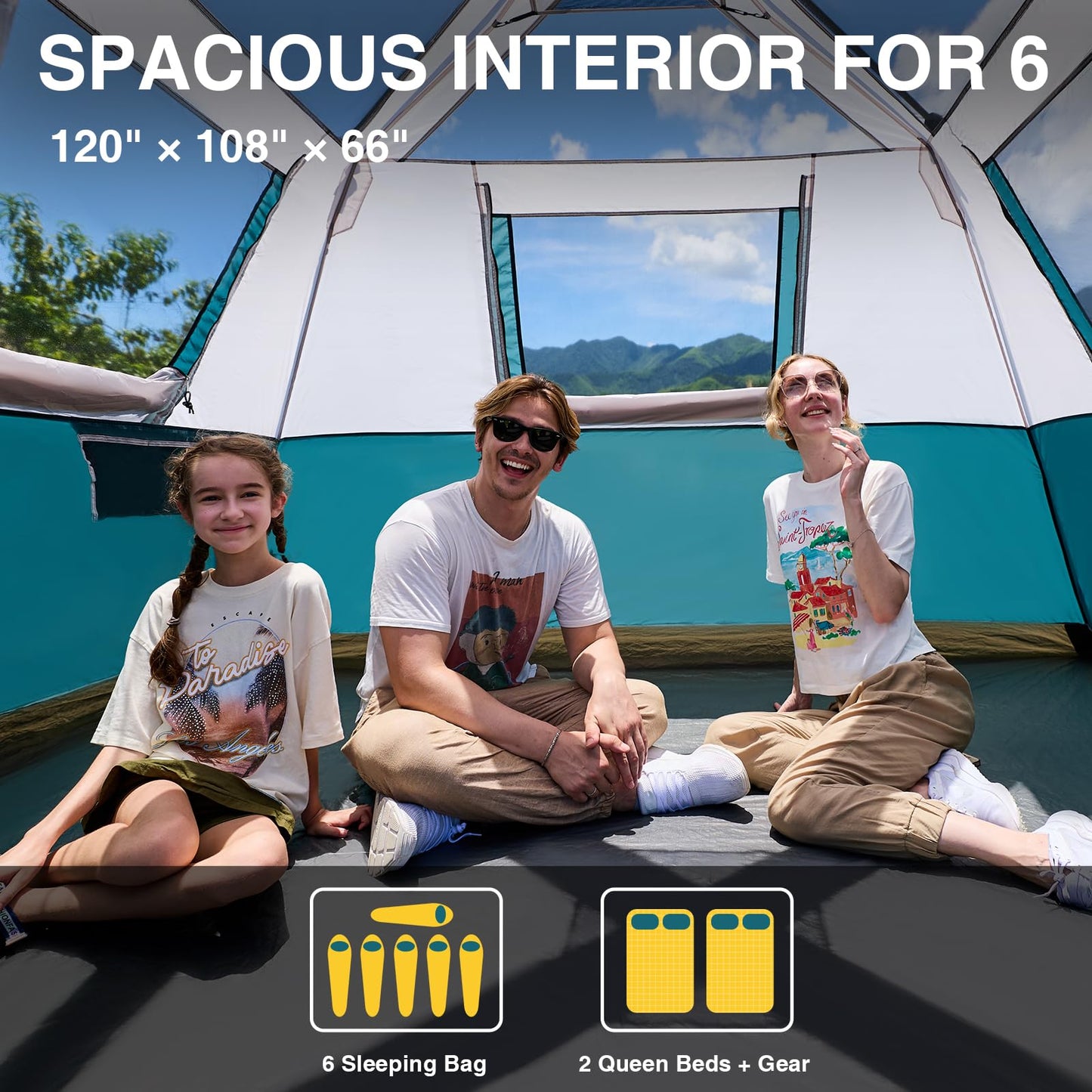 LEISURE IMPACT 6 Person Instant Camping Tent with Rainfly, 60s Easy Setup Family Cabin Tent 10x9ft, 1200mm Waterproof & Skylight Ventilation, Portable Shelter for Outdoor Camping, Hiking, Backyard