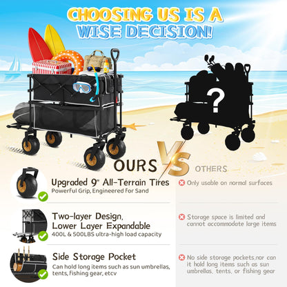 𝐔𝐩𝐠𝐫𝐚𝐝𝐞 Beach Wagon with Big Wheels for Sand, Double-Decker, 9" PVC All-Terrain Wheel, 500 lb Load Capacity, Oversized 400L, for Beach, Camping, Garden & Outdoor Sports (Black)