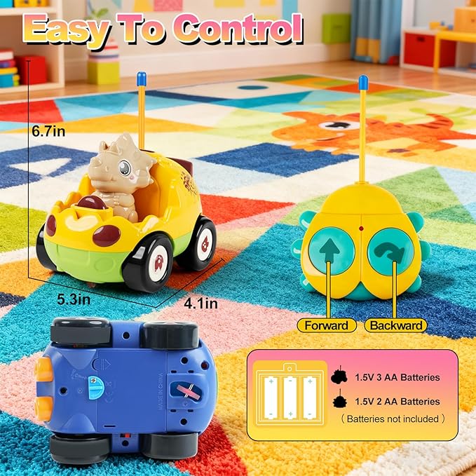 MagicKidz Dinosaur RC Car for Kids - 2-Pack Remote Control Dino Toy Cars for Boys Toddlers Ages 18+ Months 2 3 4 5 Year Old Birthday Gifts with Lights and Music
