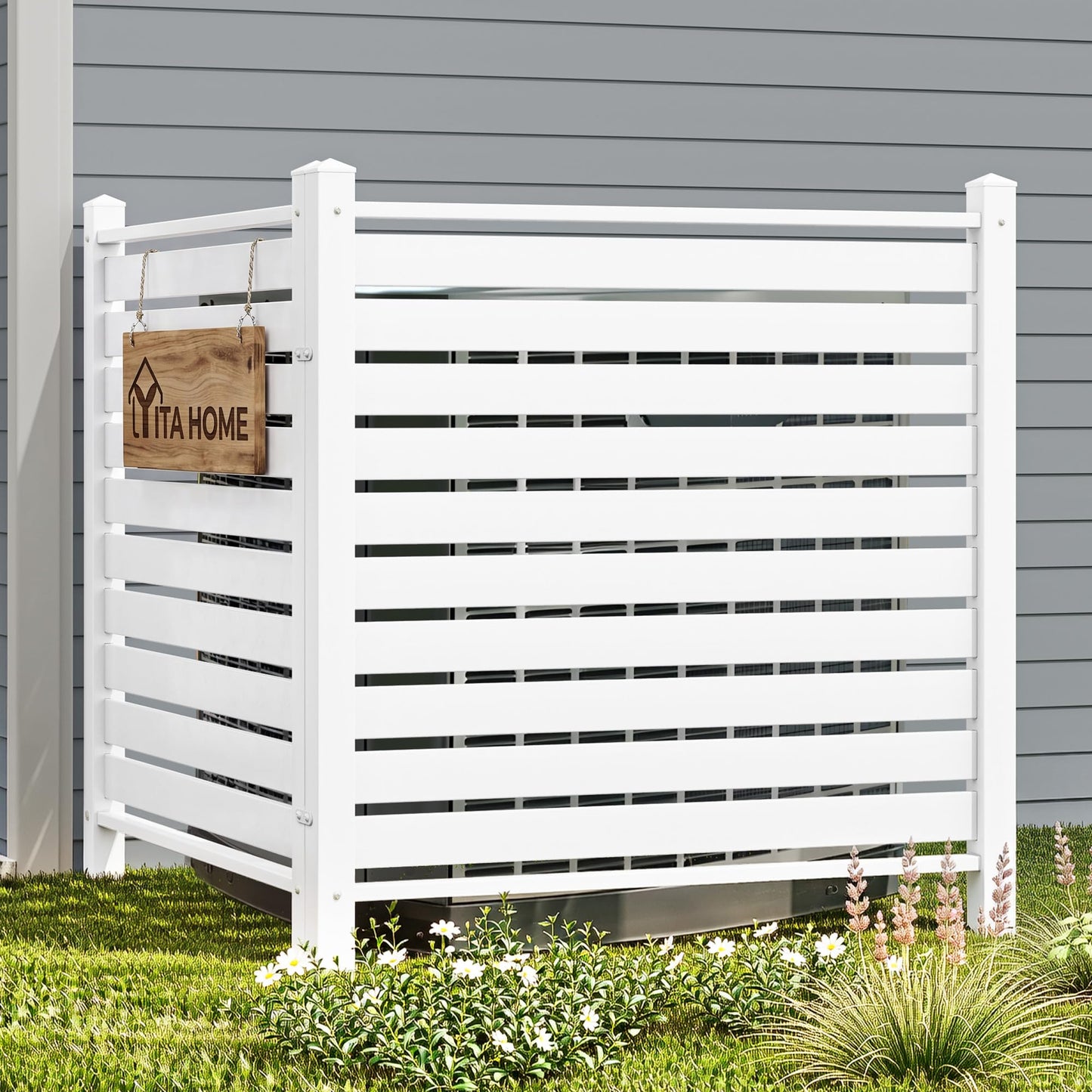 YITAHOME 44" W X 44" H Air Conditioner Fence Privacy Screen, Outdoor Trash Can Enclosure with Metal Stakes, Vinyl Pool Equipment Enclosure (4 Panels, White)