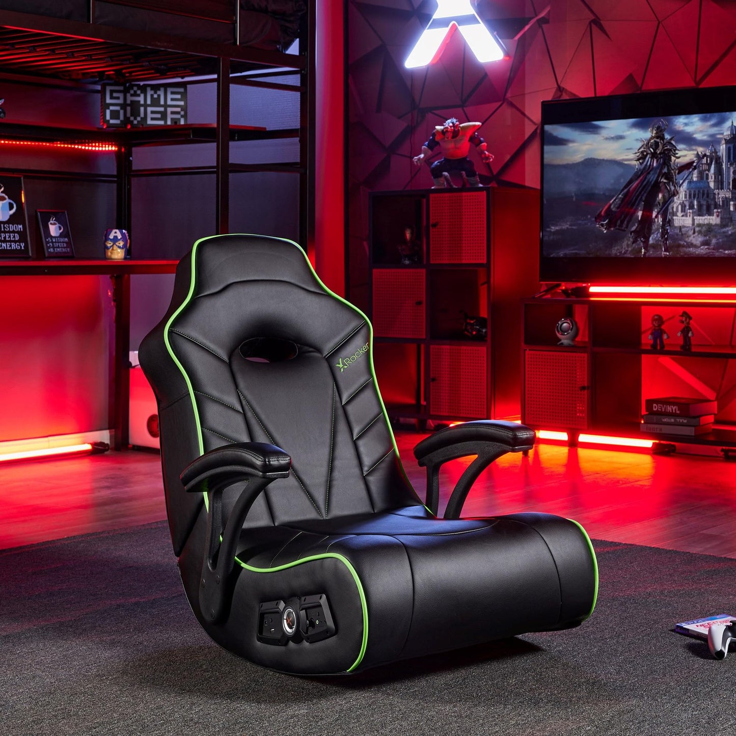X Rocker Limewire Video Gaming Floor Chair with Armrests, Built-In Audio via Wireless Bluetooth, Foldable, Vegan Leather, 300 lbs Max, Amazon Exclusive, Black with Green