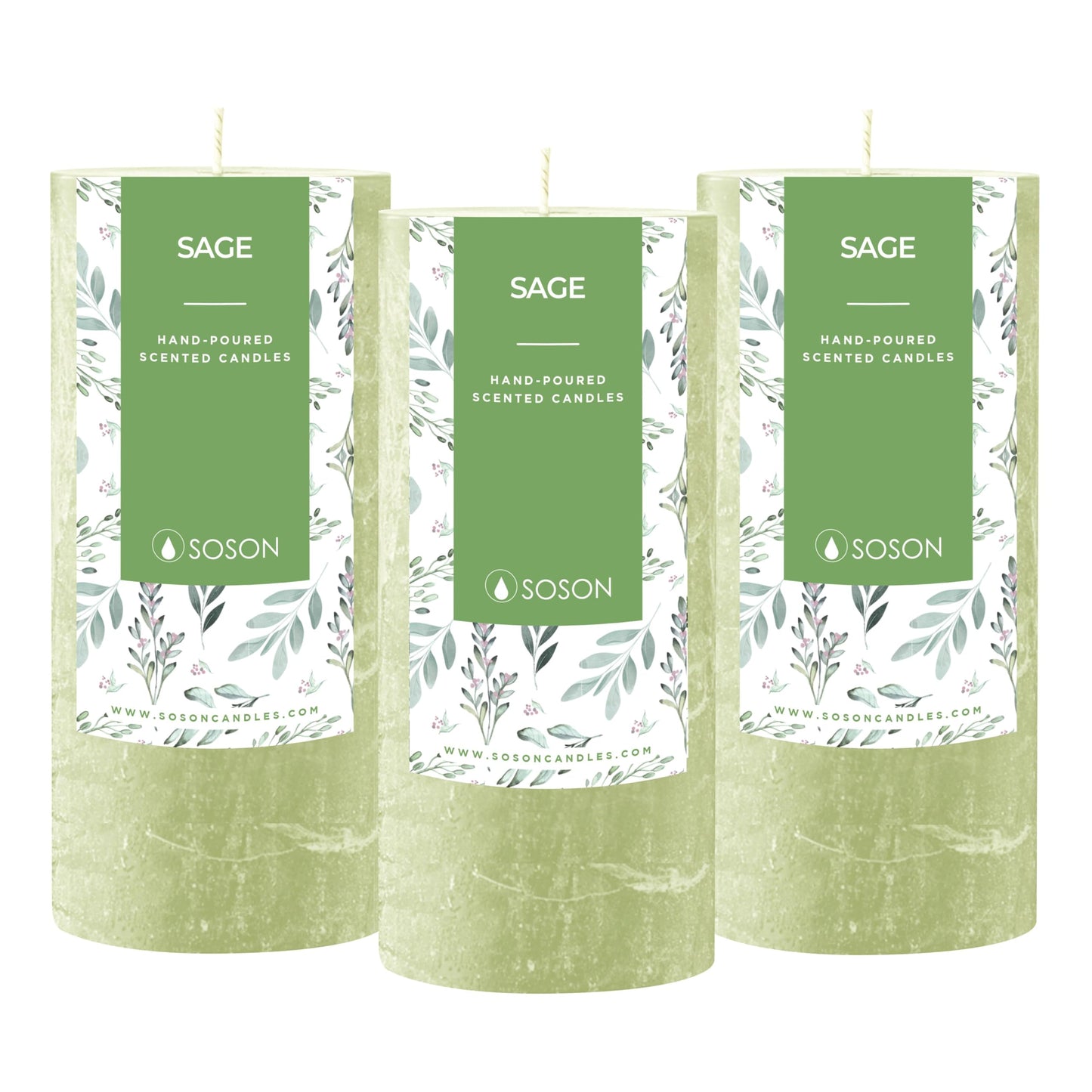 Simply Soson 3x6 inch Green Sage Rustic Pillar Scented Candle - 3 Pack - for Home Decor, Aromatherapy, Weddings, Restaurants, Spa, Church