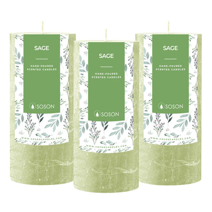 Simply Soson 3x6 inch Green Sage Rustic Pillar Scented Candle - 3 Pack - for Home Decor, Aromatherapy, Weddings, Restaurants, Spa, Church