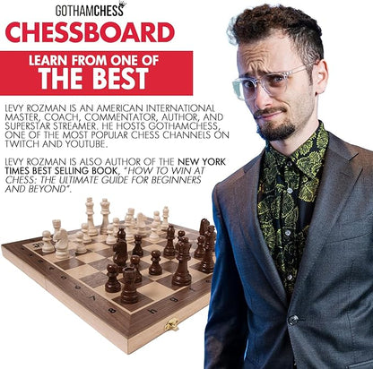 GothamChess Board | Foldable &amp Portable Magnetic Chess Pieces Organized Fitted Storage Includes Course by International Master Levy Rozman Game for Families &amp Adults | 15.75 x 15.75