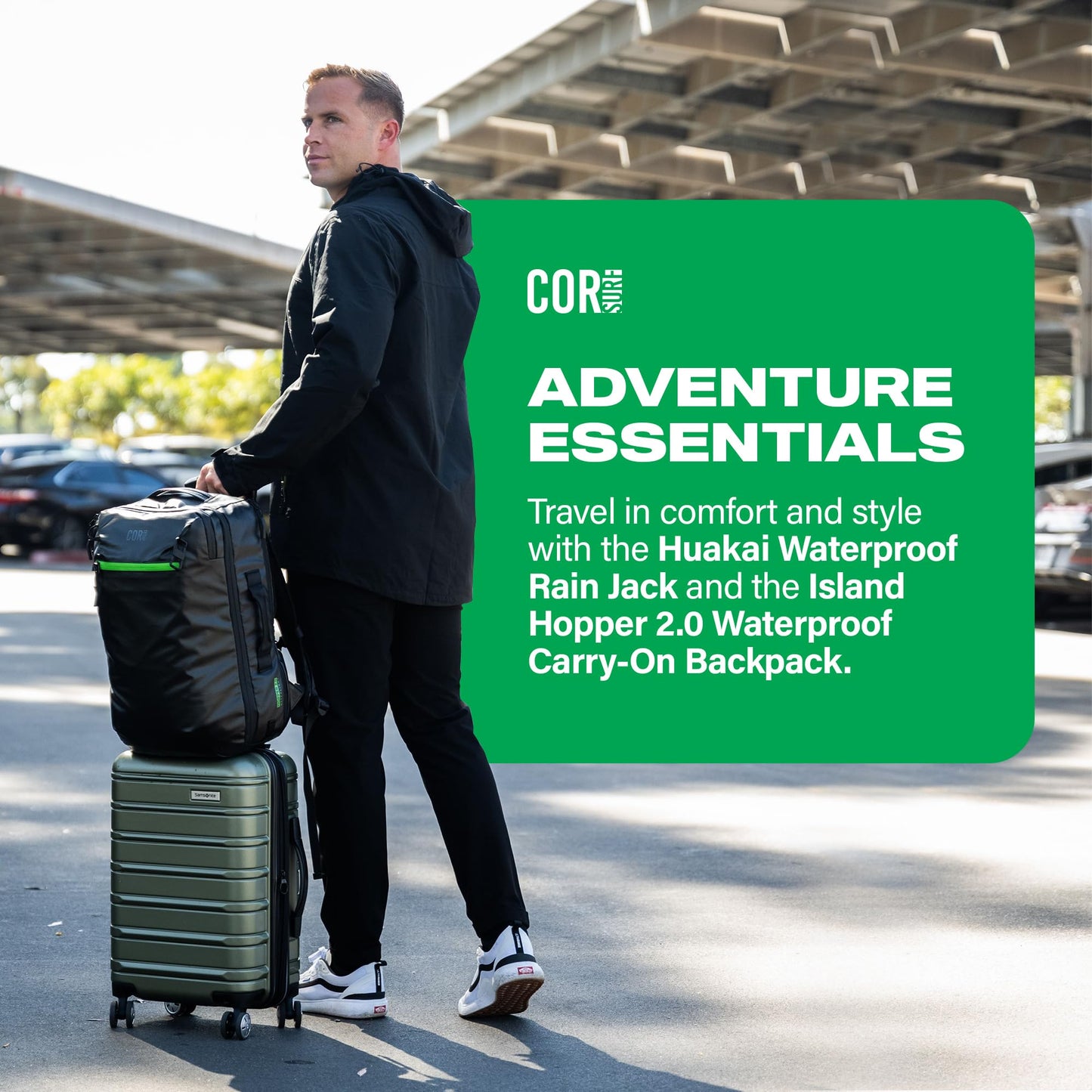 COR Surf Carry On Travel Backpack Bundle | Island Hopper Travel Backpack with Toiletry Bag and Compression Packing Cube Set (28L 2.0, Black with Green Zipper)