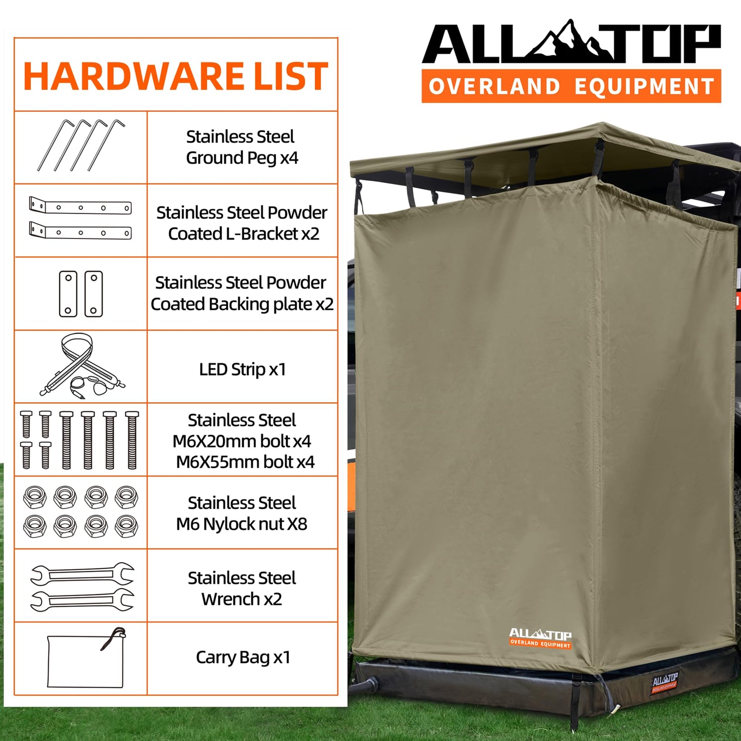ALL-TOP Awning Shower Room w/Foldable Floor Mat, 3.3ft x 3.3ft, Privacy Shelter Restroom w/Roof, LED Light, Drain Pipe, Carside Bathroom