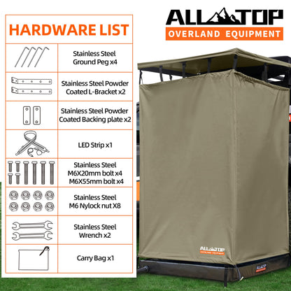 ALL-TOP Awning Shower Room w/Foldable Floor Mat, 3.3ft x 3.3ft, Privacy Shelter Restroom w/Roof, LED Light, Drain Pipe, Carside Bathroom