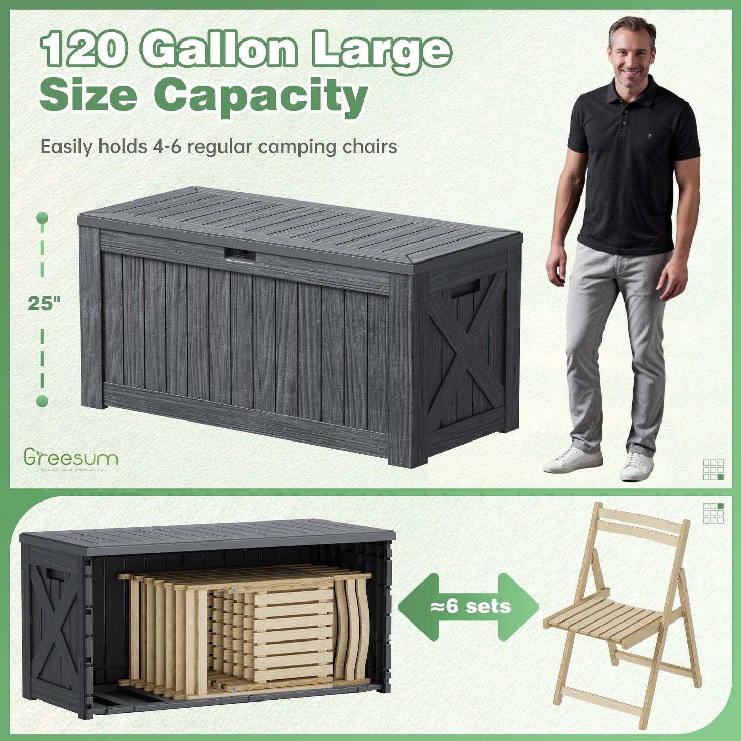Greesum Outdoor Storage Box 120 Gallon Storage Bin with Lid for Patio Furniture, Garden Tools, Pool Supplies, Lockable, Waterproof and UV Resistant, Gray