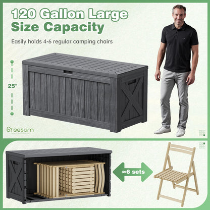 Greesum Outdoor Storage Box 120 Gallon Storage Bin with Lid for Patio Furniture, Garden Tools, Pool Supplies, Lockable, Waterproof and UV Resistant, Gray