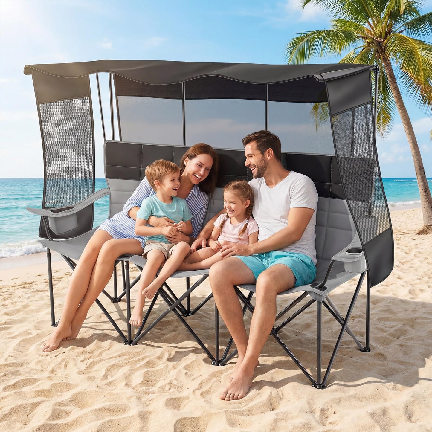 Teenyyou 3 Person Camping Chair with Canopy Shade -Oversized Beach Chair with UV Sun Protection, 700lbs Heavy Duty Foldable Loveseat with 2 Cup Holder & Storage for Beach Lawn Outdoor(Black and Grey)