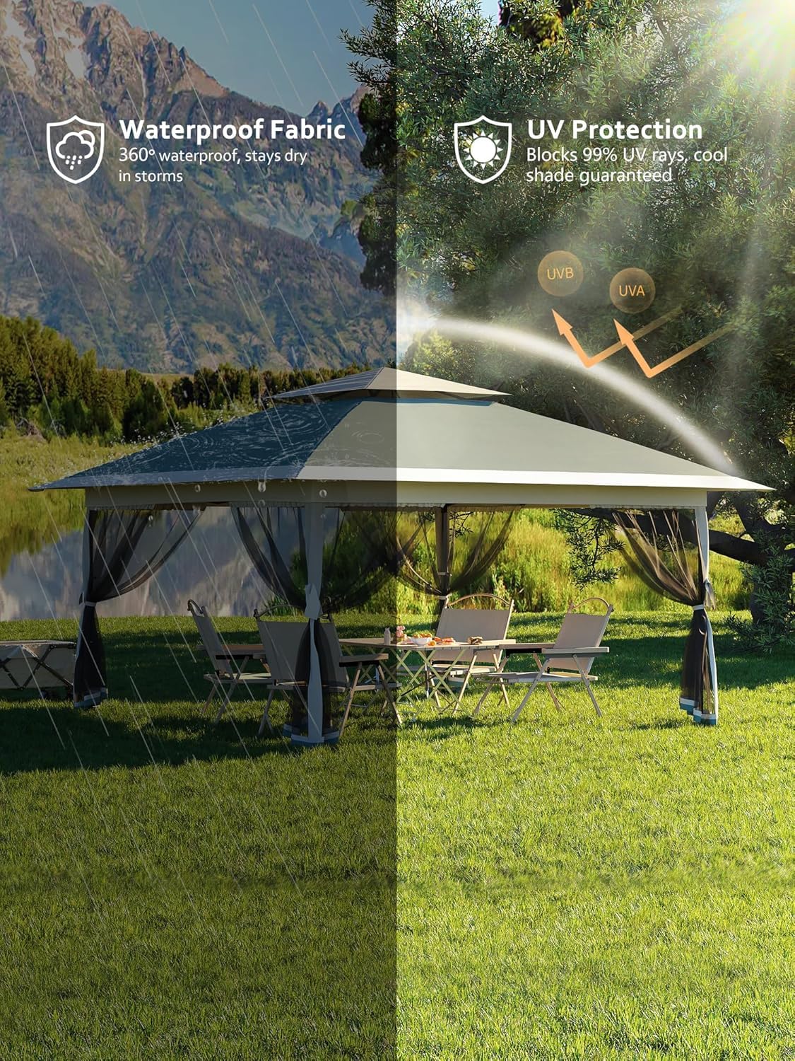 13x13 FT Pop-Up Gazebo with Mosquito Netting and UV-Resistant Outdoor,Canopy Tent with Mosquito Netting,Outdoor Patio for Party,Wedding,Dining,Dark Army Green + Gray