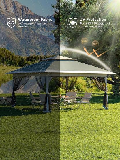 13x13 FT Pop-Up Gazebo with Mosquito Netting and UV-Resistant Outdoor,Canopy Tent with Mosquito Netting,Outdoor Patio for Party,Wedding,Dining,Dark Army Green + Gray