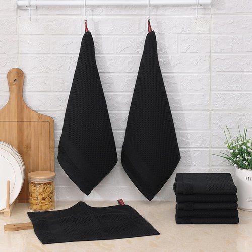 Homaxy 100% Cotton Dish Cloths, 8 Pack - 12 x 12 Inches, Waffle Weave Super Soft and Absorbent Dish Towels Quick Drying Dishcloths, Black