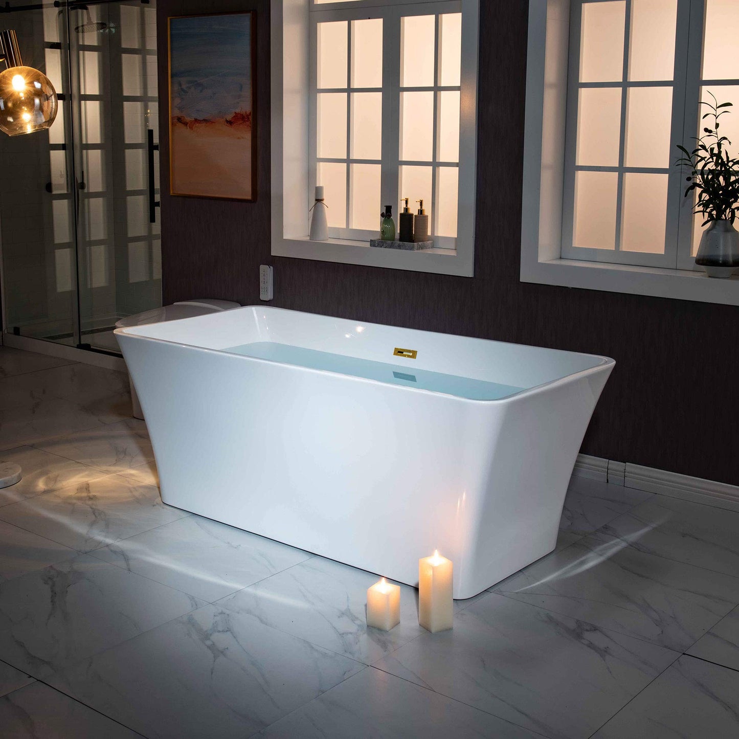 WOODBRIDGE 59" Acrylic Freestanding Bathtub Contemporary Soaking White Tub with Brushed Gold Overflow and Drain，BTA1509 -BG-Drain &O