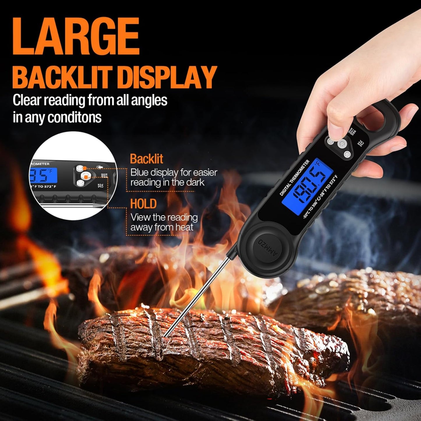 AMMZO Digital Meat Thermometer - Instant Read Cooking & Grilling Tool | Essential Kitchen Gadget