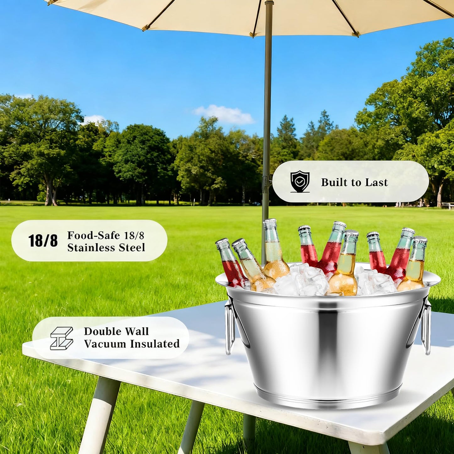 Maxdot 2 Pcs Stainless Steel Beverage Tub Large Champagne Buckets 20-Quart 5-Gallon Insulated Ice Bucket for Parties with Double Hinged Handle Heavy Duty Drink Cooler Tub Wine Beer Chiller for Party