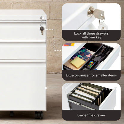 Mount-It! 3 Drawer File Cabinet with Lock and Wheels, Under Desk Storage Filing Pedestal for Home Office, No Assembly Small Rolling File Cabinet for Legal, Letter, and A4 Files in White