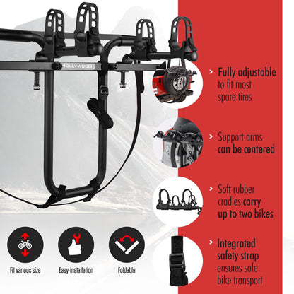 Hollywood Racks SR1 Spare Tire Bike Rack for Car for 2 Bikes, Up to 35 Lbs Each - Adjustable Rear Bike Rack for SUV, Jeep to fit Most Spare Tires - Bicycle Accessories for Adult Bikes