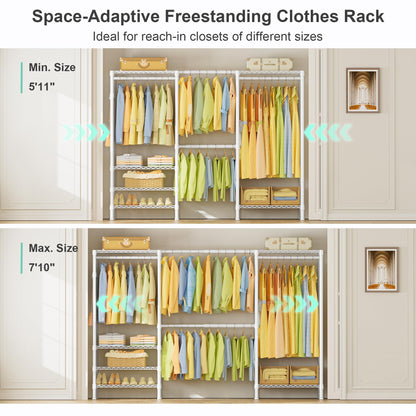 SEMHOR E06 Expandable Heavy Duty Clothes Rack for Reach-in Closet, Freestanding Clothing Racks with Shelves, Carbon Steel Closet Organizer System Adjustable from 70.8-93.9", Max Load 800LBS, White